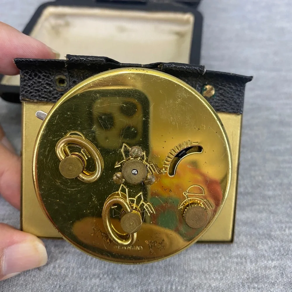 Vintage West Germany St Christopher Travel Alarm Clock Black Leather Case Gold
